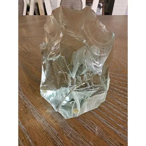 Vicke Lindstrand For Kosta Boda Blown Glass Block Blue Green Paperweight‎ Deer - Picture 3 of 16